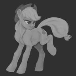 Size: 1005x1005 | Tagged: safe, artist:novuerau, part of a set, applejack, earth pony, pony, g4, bucky mcgillicutty, cowboy hat, female, gray background, grayscale, hat, looking back, mare, monochrome, simple background, solo