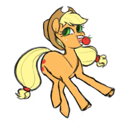 Size: 737x737 | Tagged: safe, artist:novuerau, applejack, earth pony, pony, g4, apple, cowboy hat, female, food, hat, herbivore, mare, mouth hold, simple background, solo, underhoof, white background