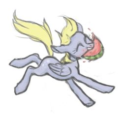 Size: 670x670 | Tagged: safe, artist:novuerau, derpy hooves, pegasus, pony, g4, eating, eyes closed, female, food, galloping, herbivore, mare, mouth hold, simple background, smiling, solo, watermelon, white background