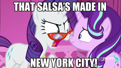 Size: 711x400 | Tagged: safe, edit, edited screencap, screencap, rarity, starlight glimmer, a-dressing memories, g4, spoiler:a-dressing memories, spoiler:mlp friendship is forever, caption, carousel boutique, glasses, image macro, new york city, pace, pace salsa, rarity's glasses, salsa, text