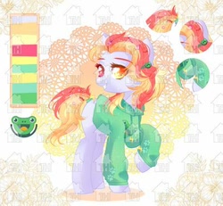 Size: 400x370 | Tagged: safe, artist:marsi_mason, earth pony, frog, pony, clothes, cutie mark, female, heterochromia, hoodie, obtrusive watermark, reference sheet, toyhouse, toyhouse watermark, watermark