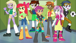 Size: 1000x563 | Tagged: safe, artist:ferrokiva, apple bloom, button mash, dinky hooves, pipsqueak, rumble, scootaloo, sweetie belle, equestria girls, g4, ball, boots, clothes, cutie mark crusaders, equestria girls-ified, football, goggles, jacket, jeans, lockers, looking at you, pants, shirt, shoes, shorts, skirt, sports
