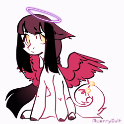 Size: 1000x1000 | Tagged: safe, artist:mwerrycult, oc, oc only, unnamed oc, hybrid, pony, bells, colored hooves, ear fluff, eye clipping through hair, female, halo, signature, simple background, solo, transparent background, wings