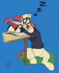 Size: 1628x2000 | Tagged: safe, artist:airfly-pony, moondancer, pony, unicorn, g4, blue background, book, eyes closed, female, glasses, mare, onomatopoeia, open mouth, patreon, patreon reward, pillow, simple background, sitting, sleeping, snoring, solo, sound effects, table, zzz