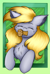 Size: 1507x2209 | Tagged: safe, artist:darklight1315, derpy hooves, pegasus, pony, g4, chest fluff, cute, ear fluff, female, food, green background, muffin, simple background, smiling, solo