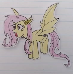 Size: 547x561 | Tagged: safe, artist:agirlwholovesmlp, fluttershy, bat pony, pony, g4, bat ponified, female, flutterbat, flying, lined paper, mare, open mouth, race swap, shocked, solo, spread wings, traditional art, wings