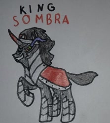 Size: 496x556 | Tagged: safe, artist:electric spark, king sombra, pony, umbrum, unicorn, g4, cape, clothes, crown, curved horn, horn, jewelry, male, raised hoof, regalia, simple background, solo, sombra's cape, stallion, traditional art, white background