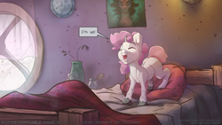 Size: 3840x2162 | Tagged: safe, artist:icychamber, sweetie belle, pony, unicorn, g4, bed, blank flank, blanket, dialogue, eyes closed, female, high res, on bed, open mouth, poster, solo, speech bubble, unshorn fetlocks