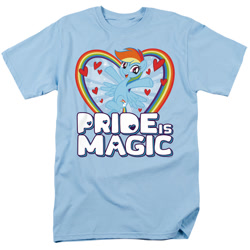 Size: 1000x1000 | Tagged: safe, rainbow dash, pegasus, pony, g4, official, brony pride, clothes, cute, dashabetes, female, flying, gay pride, heart, mare, merchandise, open mouth, popfunk, pride, rainbow, shirt, simple background, solo, t-shirt, white background