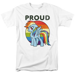 Size: 1000x1000 | Tagged: safe, rainbow dash, pegasus, pony, g4, official, brony pride, clothes, female, gay pride, gay pride flag, mare, merchandise, popfunk, pride, pride flag, shirt, simple background, solo, t-shirt, white background