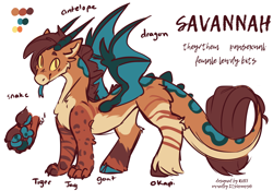 Size: 4198x2946 | Tagged: safe, artist:ruef, oc, oc only, oc:savannah, draconequus, bat wings, horns, markings, nonbinary, paw pads, paws, reference sheet, solo, wings