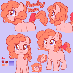 Size: 2200x2200 | Tagged: safe, artist:crade, oc, oc only, oc:peachy keen, earth pony, pony, blue background, bow, earth pony oc, female, filly, foal, high res, reference sheet, simple background, solo, tail bow