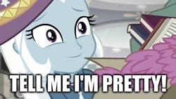 Size: 1280x720 | Tagged: safe, edit, edited screencap, screencap, trixie, equestria girls, g4, good vibes, my little pony equestria girls: summertime shorts, caption, image macro, meme, tag implication bug was here, text