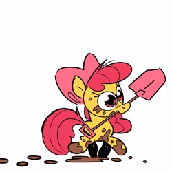 Size: 4096x4096 | Tagged: safe, artist:kyssimmee, apple bloom, earth pony, pony, g4, apple bloom's bow, bow, dirty, female, filly, hair bow, mouth hold, shovel, solo