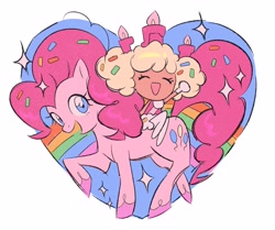 Size: 4096x3421 | Tagged: safe, artist:tomoe-chi, pinkie pie, earth pony, pony, g4, birthday cake cookie, candle, colored hooves, cookie run, crossover, duo, female, heart, looking at you, mare, moderate dark skin, rainbow
