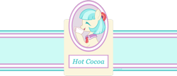 Size: 1024x442 | Tagged: safe, artist:rainspeak, coco pommel, earth pony, pony, g4, chocolate, cup, drinking, eyes closed, female, flower, flower in hair, food, hoof hold, hot chocolate, label, mare, simple background, solo, teacup, transparent background