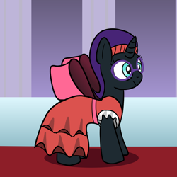Size: 2048x2048 | Tagged: safe, artist:platinumdrop, oc, oc only, oc:nyx, alicorn, pony, fanfic:winter bells, alicorn oc, bow, clothes, dress, fanfic art, high res, horn, request, solo, wings