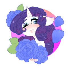 Size: 4000x4000 | Tagged: safe, artist:kawaiicofficial, artist:kawaiicreative, part of a set, rarity, pony, unicorn, g4, abstract background, absurd resolution, blushing, bust, chest fluff, cute, female, floppy ears, flower, heart eyes, mare, one eye closed, petals, portrait, raribetes, simple background, solo, transparent background, wingding eyes