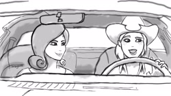 Size: 1920x1080 | Tagged: safe, artist:mozgan, applejack, rarity, human, g4, applejack's hat, car, cowboy hat, driving, female, hat, humanized, lesbian, monochrome, pontiac firebird, reference, ship:rarijack, shipping, signature, smokey and the bandit