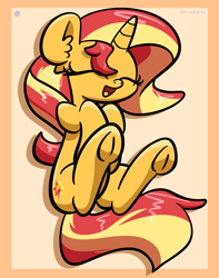 Size: 2560x3250 | Tagged: dead source, safe, artist:php142, sunset shimmer, pony, unicorn, g4, cute, ear fluff, eyes closed, female, high res, hooves to the chest, mare, on back, open mouth, shimmerbetes, solo, underhoof
