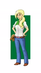 Size: 1152x2048 | Tagged: safe, artist:mozgan, applejack, human, g4, applejack's hat, belt, boots, clothes, cowboy hat, female, freckles, hat, humanized, jeans, pants, shirt, shoes, signature, smiling, solo