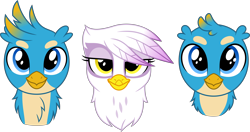 Size: 12130x6400 | Tagged: safe, artist:dailevy, artist:parclytaxel, gallus, gilda, griffon, secret horse files, g4, .svg available, absurd resolution, bust, commission, cute, female, gallabetes, gildadorable, head only, looking at you, male, portrait, simple background, smiling, transparent background, vector, younger