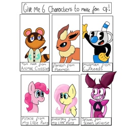 Size: 1080x1080 | Tagged: safe, artist:florence_.paww, fluttershy, pinkie pie, earth pony, flareon, gem (race), pegasus, pony, raccoon, anthro, g4, spoiler:steven universe, spoiler:steven universe: the movie, animal crossing, anthro with ponies, clothes, crossover, cuphead, female, gem, gloves, grin, male, mare, mugman, pac-man eyes, pokémon, six fanarts, smiling, spinel, spinel (steven universe), spoilers for another series, steven universe, steven universe: the movie, tom nook, waving