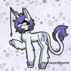 Size: 1080x1080 | Tagged: safe, artist:horixonstorm, rarity, pony, unicorn, g4, abstract background, blushing, chest fluff, choker, female, grin, hoof fluff, horn, horn jewelry, jewelry, leonine tail, mare, smiling, solo, unshorn fetlocks, waving