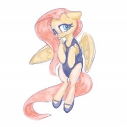 Size: 2048x2048 | Tagged: safe, artist:pfeffaroo, fluttershy, pegasus, pony, g4, ballet slippers, bipedal, clothes, female, floppy ears, fluttershy leotard, high res, hooves to the chest, leotard, looking at you, mare, simple background, solo, spread wings, standing on two hooves, three quarter view, white background, wings