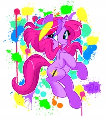 Size: 2034x2334 | Tagged: safe, artist:nanook123, oc, oc only, oc:techy twinkle, pony, unicorn, cute, female, high res, jumping, looking at you, paint, rearing, smiling, solo, splatter