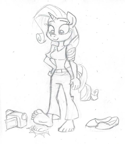 2348669 - safe, artist:dertikleen, rarity, anthro, plantigrade anthro,  barefoot, camcorder, clothes, denim, feet, female, fetish, foot fetish, foot  tapping, jeans, monochrome, pants, shoes, shoes removed, solo, tapping,  traditional art - Derpibooru