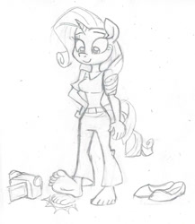 Size: 963x1112 | Tagged: safe, artist:dertikleen, rarity, anthro, plantigrade anthro, g4, barefoot, camcorder, clothes, denim, feet, female, fetish, foot fetish, foot tapping, jeans, monochrome, pants, shoes, shoes removed, solo, tapping, traditional art