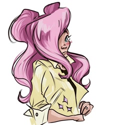 Size: 1080x1194 | Tagged: safe, alternate version, artist:the.nerd.apple, fluttershy, human, g4, alternate hairstyle, blushing, bust, clothes, female, hair over one eye, humanized, simple background, solo, white background