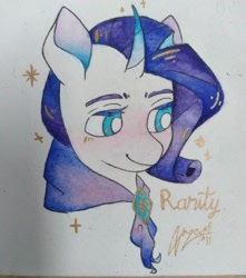 Size: 1080x1221 | Tagged: safe, artist:sohan_the_dog, rarity, pony, unicorn, g4, bust, clothes, curved horn, female, horn, mare, scarf, signature, smiling, solo, traditional art