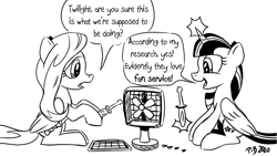 Size: 1200x675 | Tagged: safe, artist:pony-berserker, fluttershy, twilight sparkle, alicorn, pegasus, pony, pony-berserker's twitter sketches, g4, black and white, dialogue, duo, fan, fanservice, female, folded wings, glowing horn, grayscale, hoof hold, horn, lineart, mare, monochrome, profile, pun, screwdriver, sitting, speech bubble, twilight sparkle (alicorn), visual pun, wings