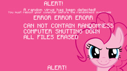 Size: 1920x1080 | Tagged: safe, artist:blissfulbiscuit, artist:jlryan, pinkie pie, computer virus pony, earth pony, pony, g4, bust, computer virus, error message, female, looking at you, pink background, rapeface, simple background, solo, vector, wallpaper