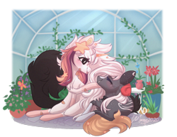 Size: 949x734 | Tagged: safe, artist:monogy, oc, oc only, oc:ayaka, oc:nightmare traveler, pony, unicorn, boop, female, flower, greenhouse, mare, simple background, transparent background