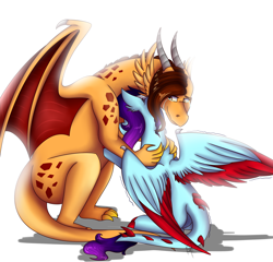 Size: 2600x2500 | Tagged: safe, artist:shamy-crist, oc, oc only, oc:sunny crist, dracony, dragon, hybrid, pony, female, high res, hug, simple background, two toned wings, white background, wings