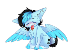 Size: 2502x1860 | Tagged: safe, artist:honeybbear, oc, oc only, oc:mochii, pegasus, pony, chibi, food, popsicle, simple background, solo, transparent background
