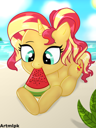 Size: 1536x2048 | Tagged: safe, artist:artmlpk, sunset shimmer, pony, unicorn, g4, adorable face, adorkable, alternate hairstyle, beach, beautiful, cute, cutie mark, digital art, dork, eating, female, food, fruit, herbivore, leaf, looking down, ocean, plant, ponytail, prone, shimmerbetes, solo, sun, tropical, trypophobia, water, watermelon