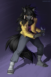 Size: 867x1300 | Tagged: safe, artist:margony, oc, oc only, anthro, plantigrade anthro, anime, anthro oc, clothes, crossover, feet, male, naruto, ninja, pants, solo, weapon
