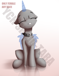 Size: 2100x2700 | Tagged: safe, artist:shido-tara, pony, collar, eyes closed, female, high res, reflection, simple background, smiling, solo, white background, ych example, your character here