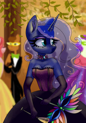 Size: 3500x5000 | Tagged: safe, artist:irinamar, princess luna, anthro, g4, bare shoulders, bodice, breasts, champagne glass, choker, cleavage, clothes, commission, dress, ethereal mane, evening gloves, female, gloves, horn, long gloves, looking sideways, masquerade ball, masquerade mask, solo focus, ych result