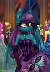 Size: 3500x5000 | Tagged: safe, artist:irinamar, oc, oc only, oc:blue moon (donin), bat pony, anthro, ascot, bare shoulders, bat pony oc, bat wings, bodice, breasts, cape, champagne glass, choker, cleavage, clothes, commission, dress, ear fluff, ear piercing, earring, evening gloves, female, gloves, hair tie, jewelry, long gloves, looking sideways, masquerade (event), masquerade mask, piercing, side slit, signature, solo focus, total sideslit, wings, ych result