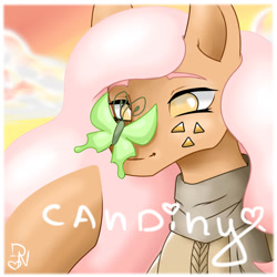 Size: 1024x1024 | Tagged: safe, artist:dark_nidus, derpibooru exclusive, oc, oc only, oc:candiny, butterfly, earth pony, pony, blind, clothes, female, mare, scarf, simple background, solo