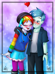 Size: 2500x3333 | Tagged: dead source, safe, artist:fadlihalimns, rainbow dash, oc, equestria girls, g4, beanie, blushing, canon x oc, cheek to cheek, clothes, ear piercing, earring, eyes closed, female, floating heart, hat, heart, high res, hoodie, jewelry, male, one eye closed, open mouth, piercing, smiling, straight, watch, wristwatch