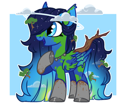 Size: 1204x1013 | Tagged: safe, artist:beautifulspaceshow, oc, oc only, oc:terra natura, pegasus, pony, cloud, dirt, ear fluff, earth, ethereal mane, female, hair over one eye, halo, jewelry, mare, markings, multicolored hair, necklace, open mouth, planet, raised hoof, rock, solo, starry mane, stick, tree