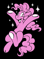 Size: 1064x1404 | Tagged: safe, artist:nelfs, pinkie pie, earth pony, pony, g4, black background, cloven hooves, female, limited palette, looking at you, mare, simple background, solo, sparkles, underhoof