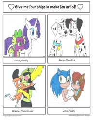 Size: 722x932 | Tagged: safe, artist:cmara, rarity, spike, dalmatian, dog, dragon, hedgehog, pony, squirrel, unicorn, anthro, g4, 101 dalmatians, anthro with ponies, bust, clothes, collar, female, four ships fanart, gloves, hug, lord dominator, male, mare, perdita, pongo, sally acorn, ship:sparity, shipping, smiling, sonic the hedgehog, sonic the hedgehog (series), straight, traditional art, wander (wander over yonder), wander over yonder, winged spike, wings