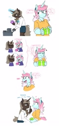 Size: 1773x3751 | Tagged: safe, artist:redxbacon, oc, oc only, oc:history quill, oc:parch well, unicorn, anthro, birthday present, book, dialogue, horn, magic, telekinesis